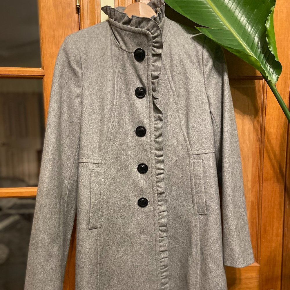 Covington grey wool blend frill short pea coat, size S - Picture 3 of 7